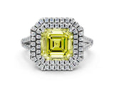 White gold Fancy Yellow Asscher Cut Diamond Double Halo Ring with Pavé Band and Prong Setting_51