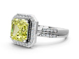 White gold Fancy Yellow Asscher Cut Diamond Double Halo Ring with Split Shank and Four-Prong Setting