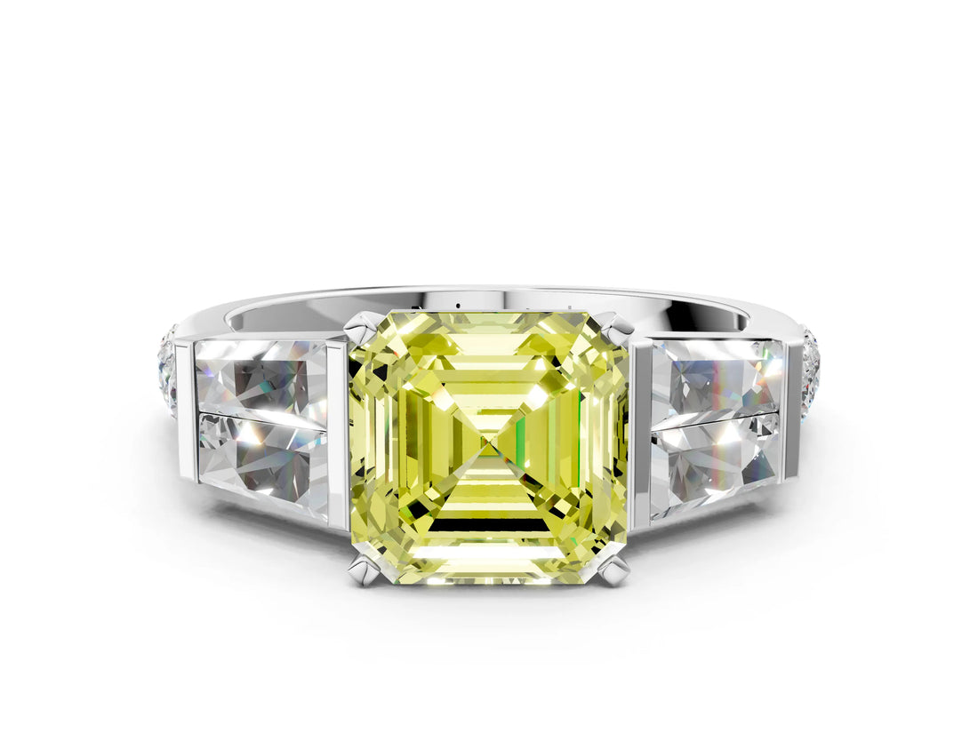 White gold Fancy Yellow Asscher Cut Diamond Engagement Ring with Baguette Side Stones and Channel Set Band_16