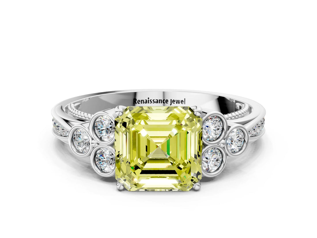 White gold Fancy Yellow Asscher  Cut Diamond Engagement Ring with Bezel Set Round Side Stones and Prong Setting_29