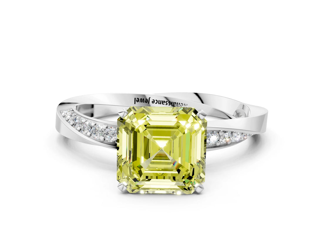 White gold Fancy Yellow Asscher Cut Diamond Engagement Ring with Side Stone Accents and Four-Prong Setting_24