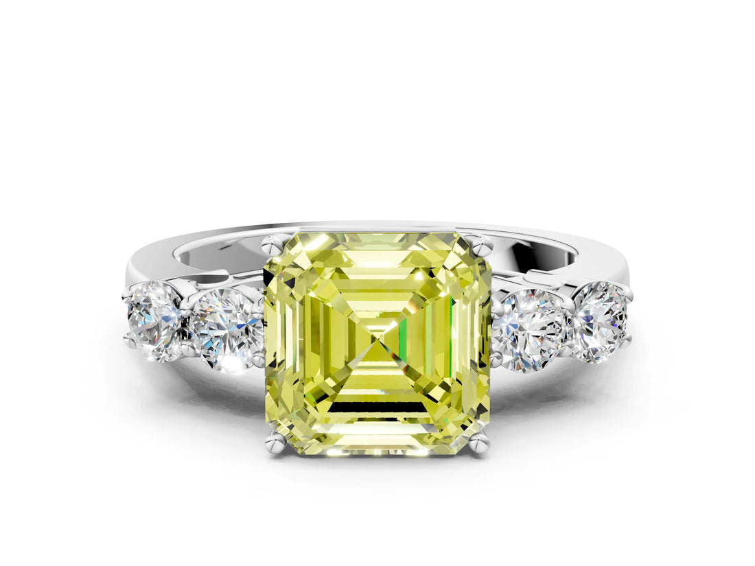 White gold Fancy Yellow Asscher  Cut Diamond Five-Stone Prong Set White Gold Ring_23