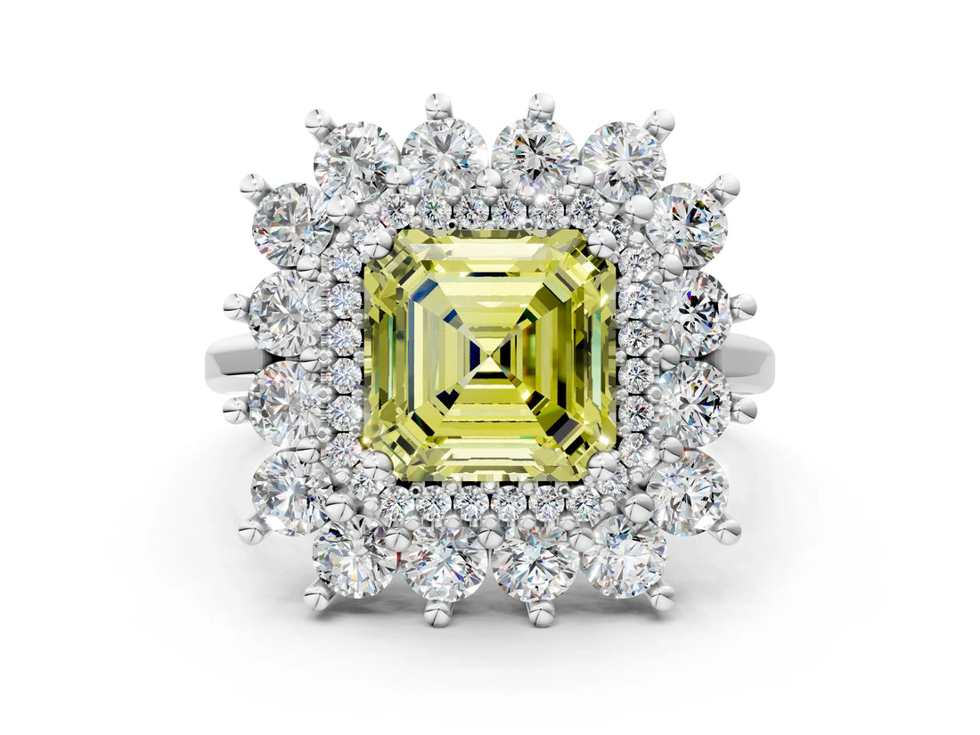 White gold Fancy Yellow Asscher Cut Diamond Floral Double Halo Engagement Ring with Prong Setting