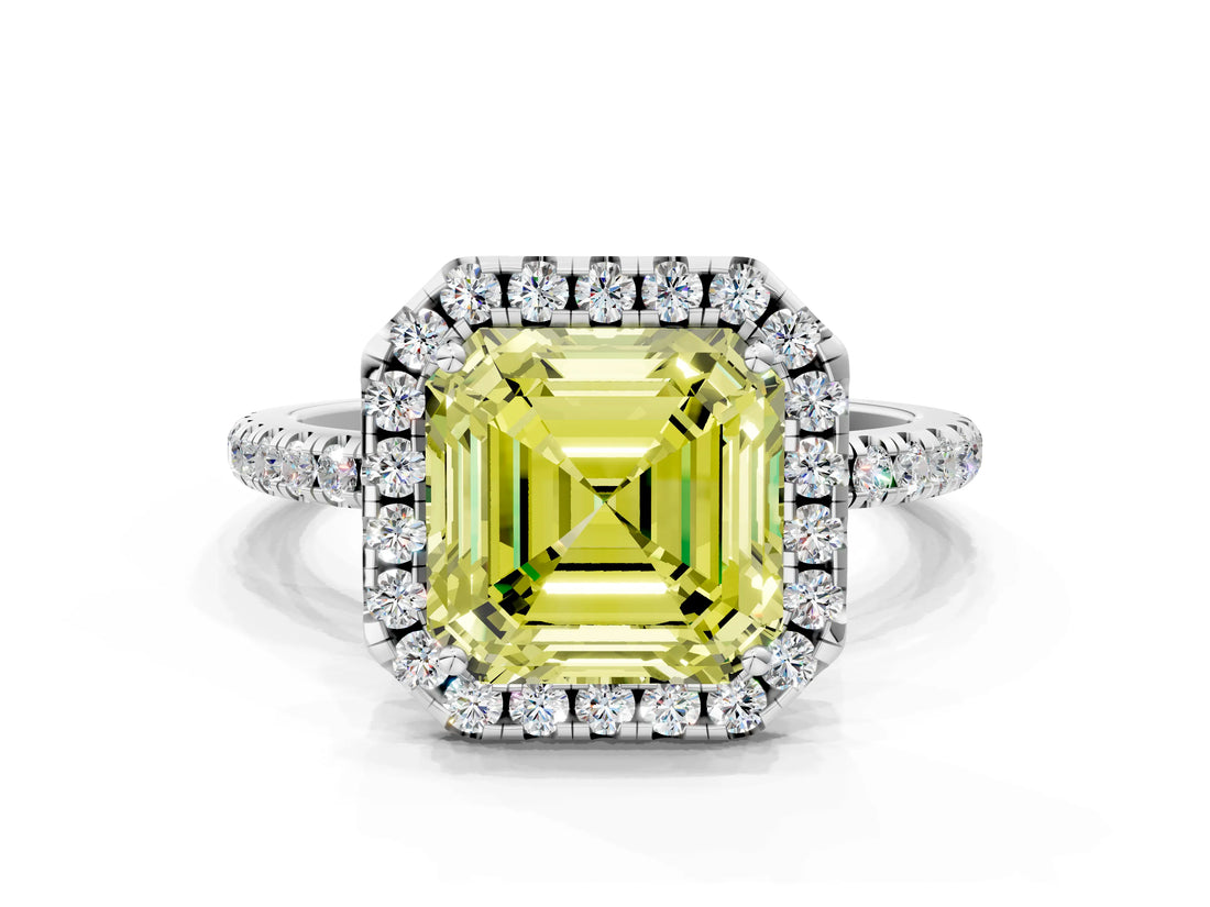 White gold Fancy Yellow Asscher  Cut Diamond Floral Halo Engagement Ring with Pavé Band and Prong Setting_29