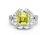 White gold Fancy Yellow Asscher  Cut Diamond Floral Halo Engagement Ring with Shared Prong Setting 1