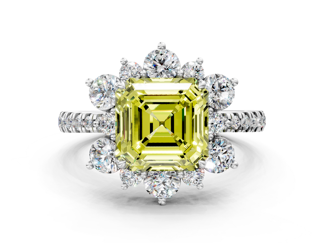 White gold Fancy Yellow Asscher  Cut Diamond Floral Halo Pave Band with Prong Setting