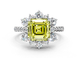 White gold Fancy Yellow Asscher  Cut Diamond Floral Halo Pave Band with Prong Setting
