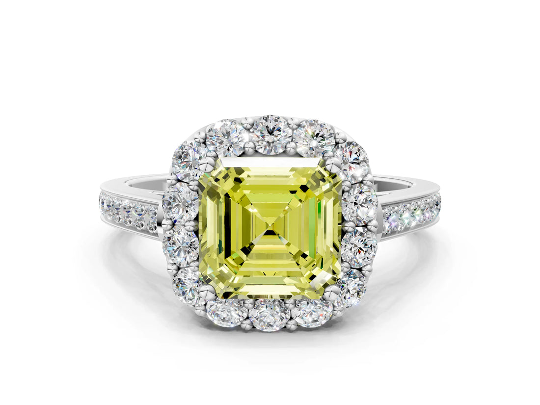 White gold Fancy Yellow Asscher Cut Diamond Floral Halo Ring with Pavé Band and Prong Setting_7