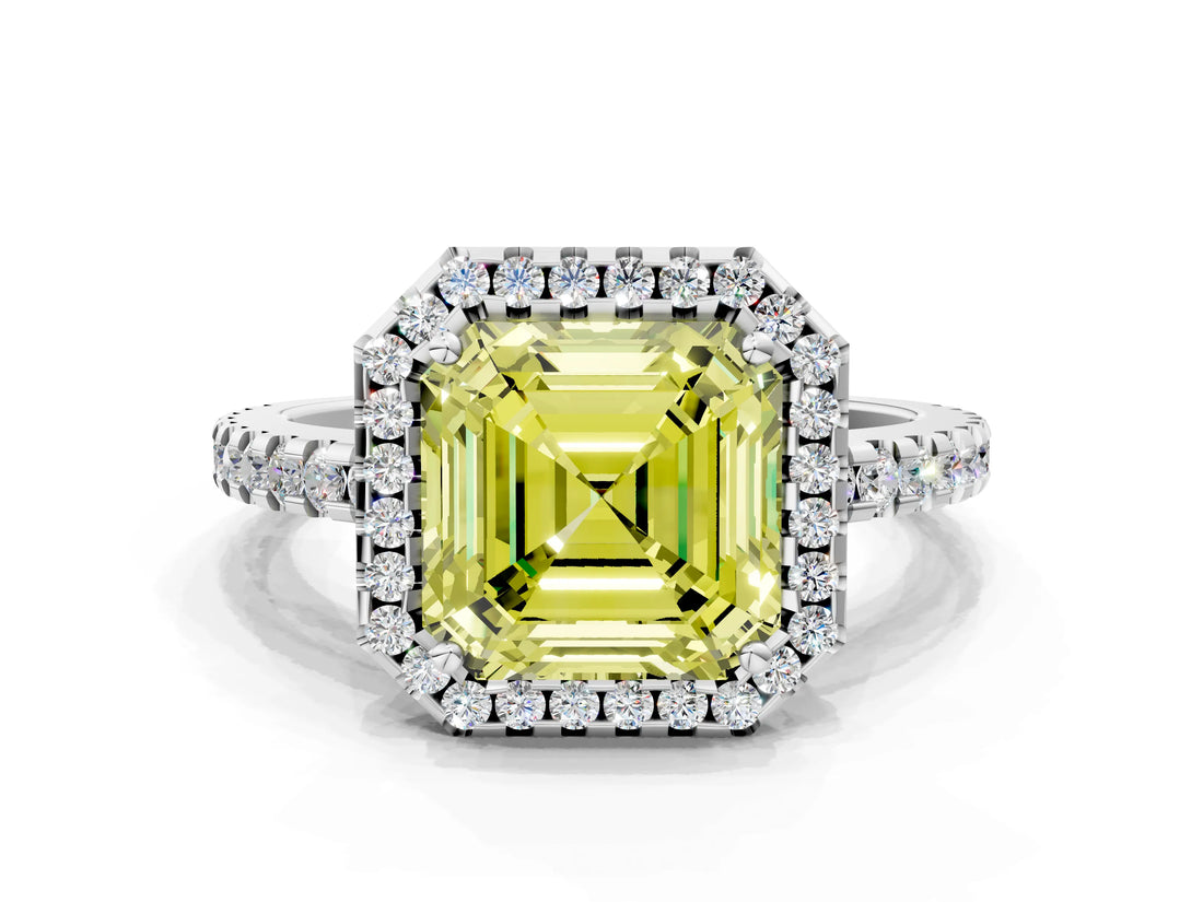 White gold Fancy Yellow Asscher Cut Diamond Halo Engagement Ring with Pavé Band and Prong Setting_75