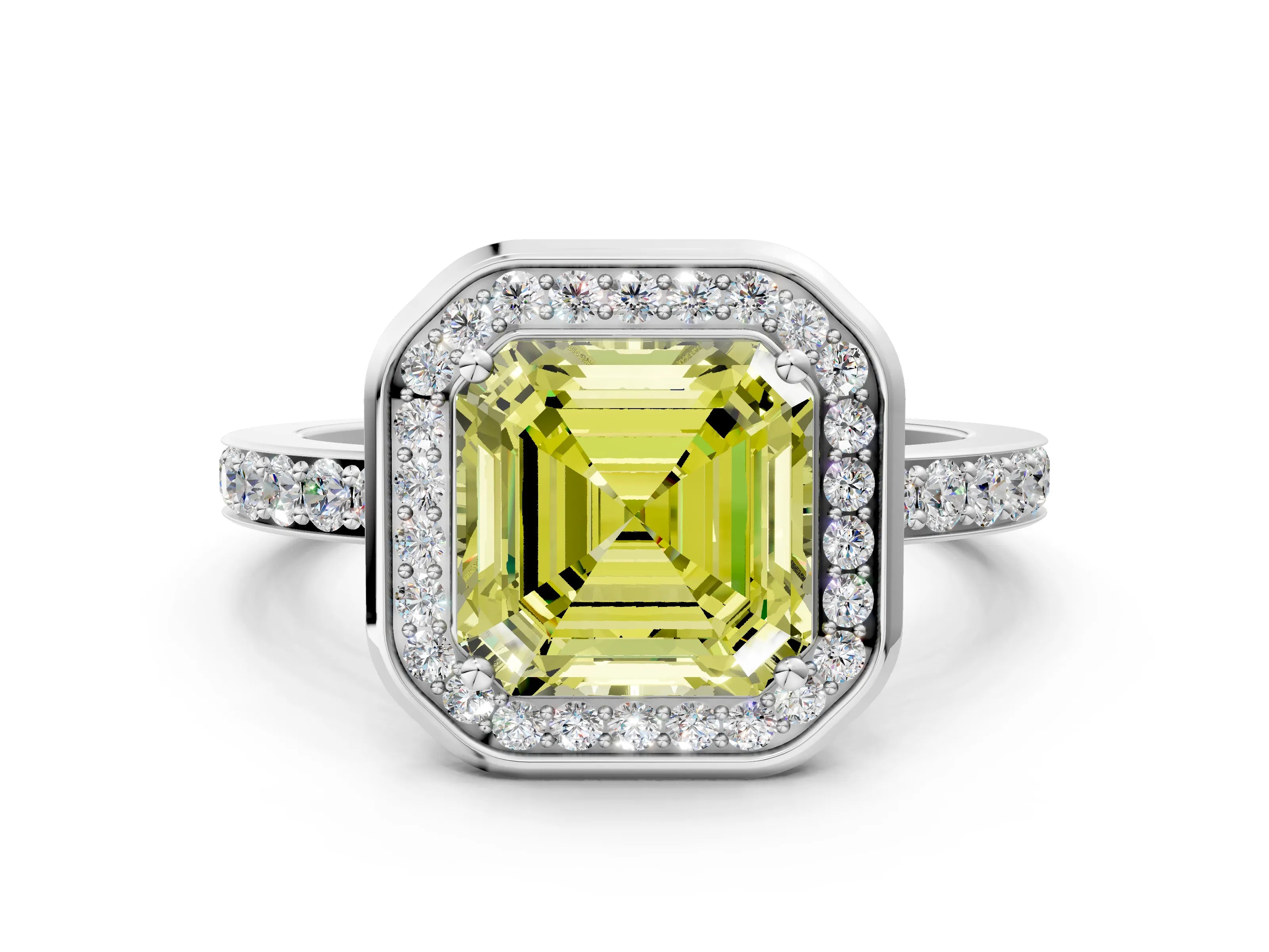 White gold Fancy Yellow Asscher Cut Diamond Halo Ring with Bezel Frame and Pavé Band