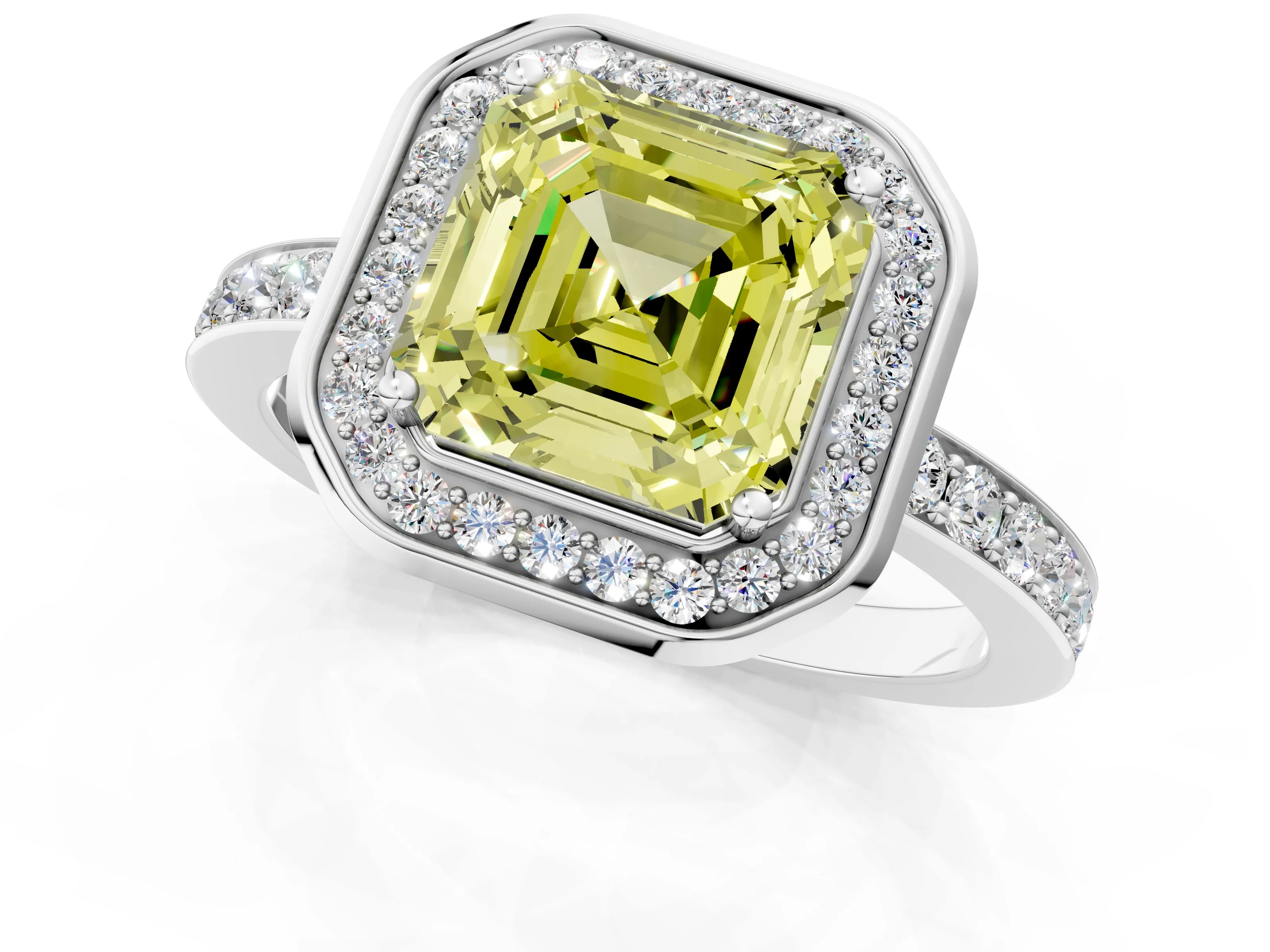 White gold Fancy Yellow Asscher Cut Diamond Halo Ring with Bezel Frame and Pavé Band_1