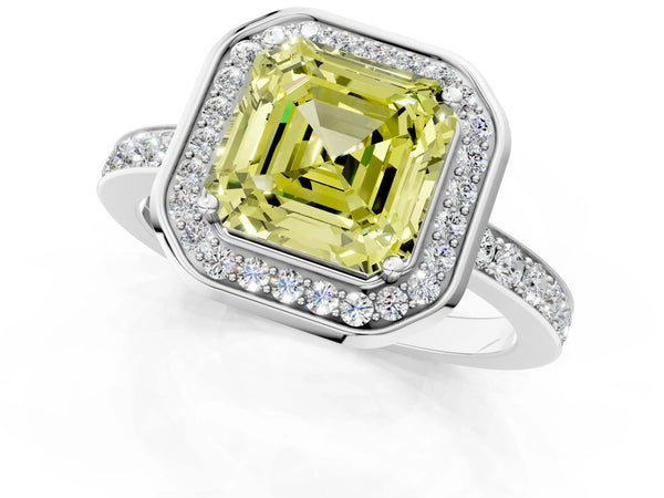 White Gold Asscher Cut Pave Bezel-Rim Halo Engagement Ring Setting for Fancy Yellow Center