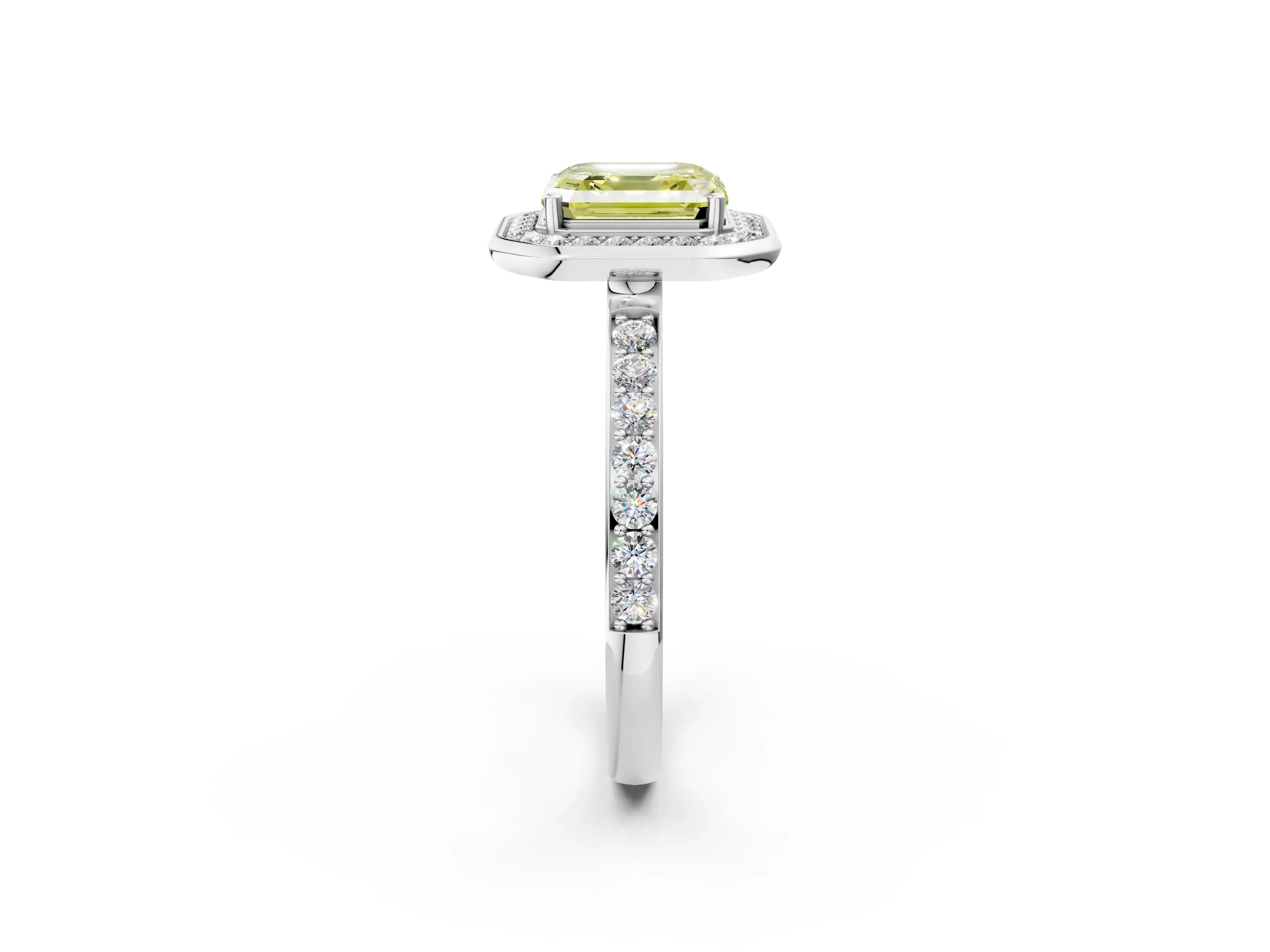 White gold Fancy Yellow Asscher Cut Diamond Halo Ring with Bezel Frame and Pavé Band_2