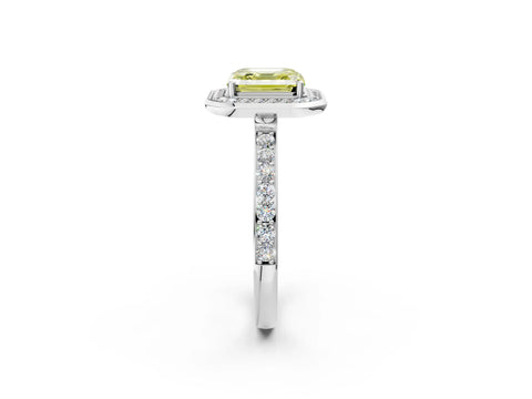 White gold Fancy Yellow Asscher Cut Diamond Halo Ring with Bezel Frame and Pavé Band_2