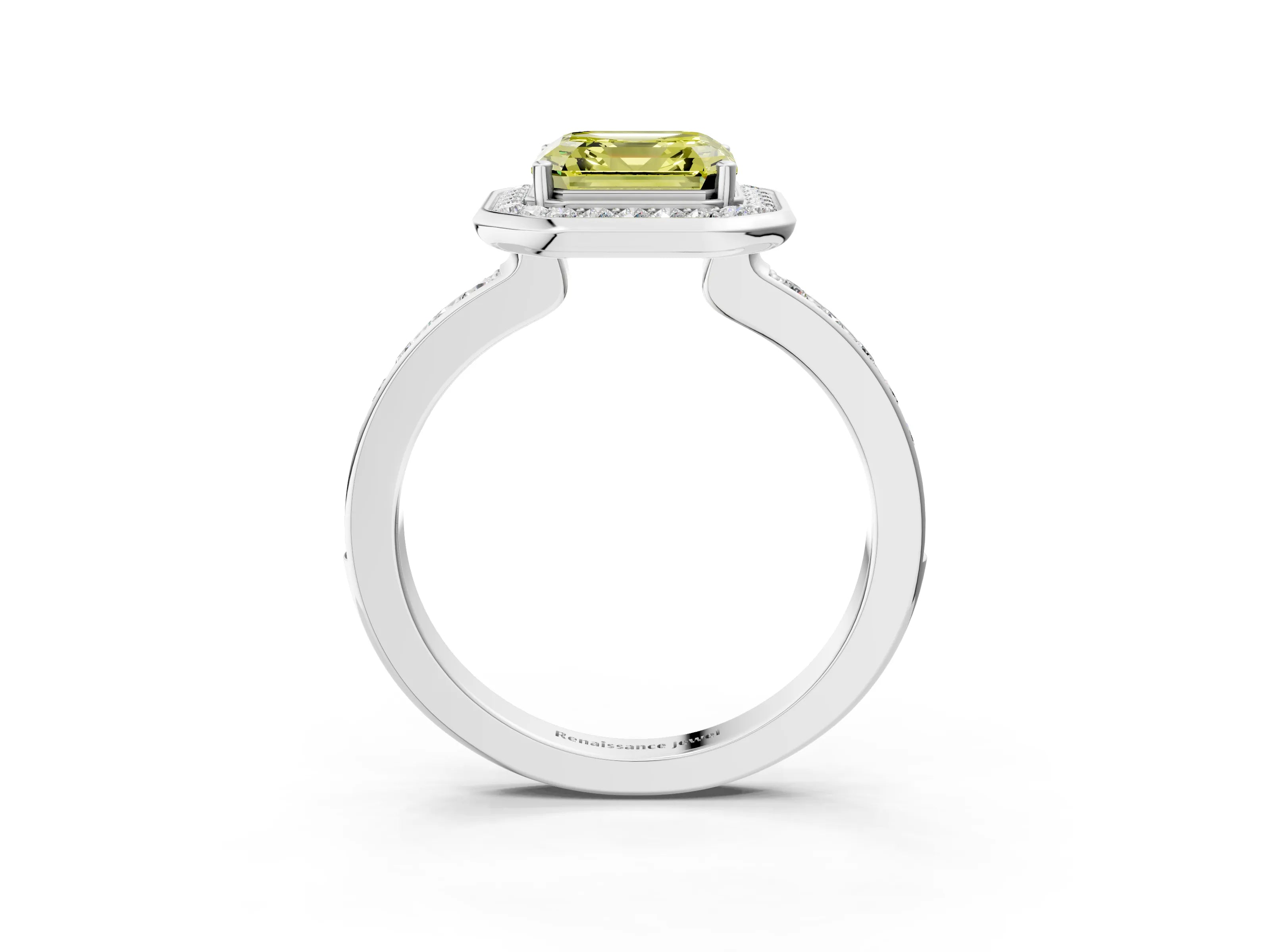 White gold Fancy Yellow Asscher Cut Diamond Halo Ring with Bezel Frame and Pavé Band_3