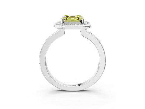 White gold Fancy Yellow Asscher Cut Diamond Halo Ring with Bezel Frame and Pavé Band_3