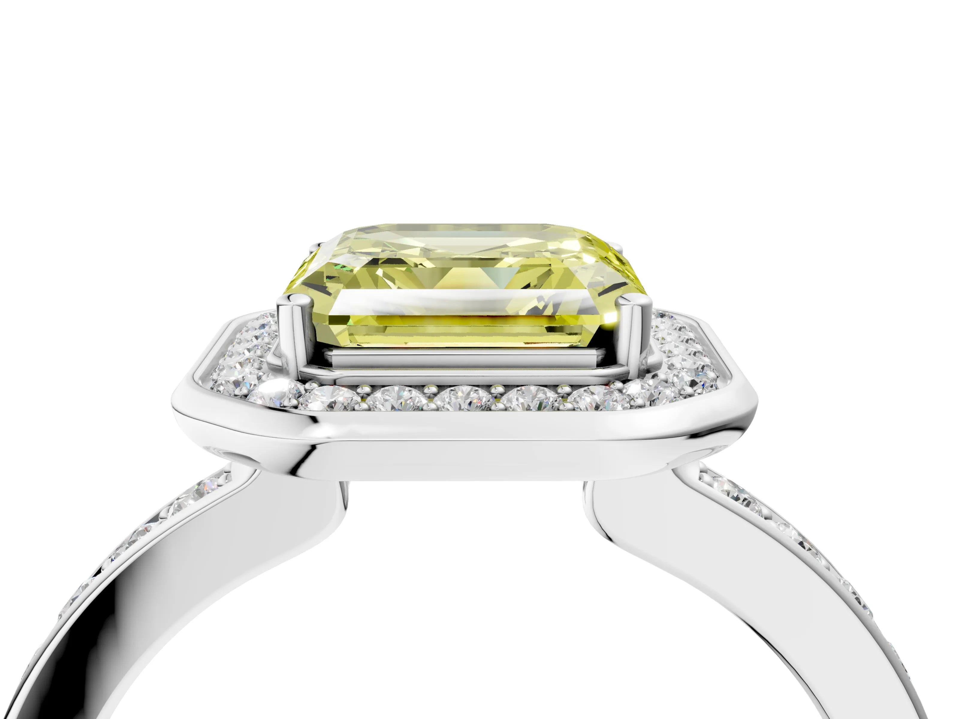 White gold Fancy Yellow Asscher Cut Diamond Halo Ring with Bezel Frame and Pavé Band_4