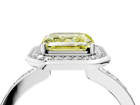 White gold Fancy Yellow Asscher Cut Diamond Halo Ring with Bezel Frame and Pavé Band_4