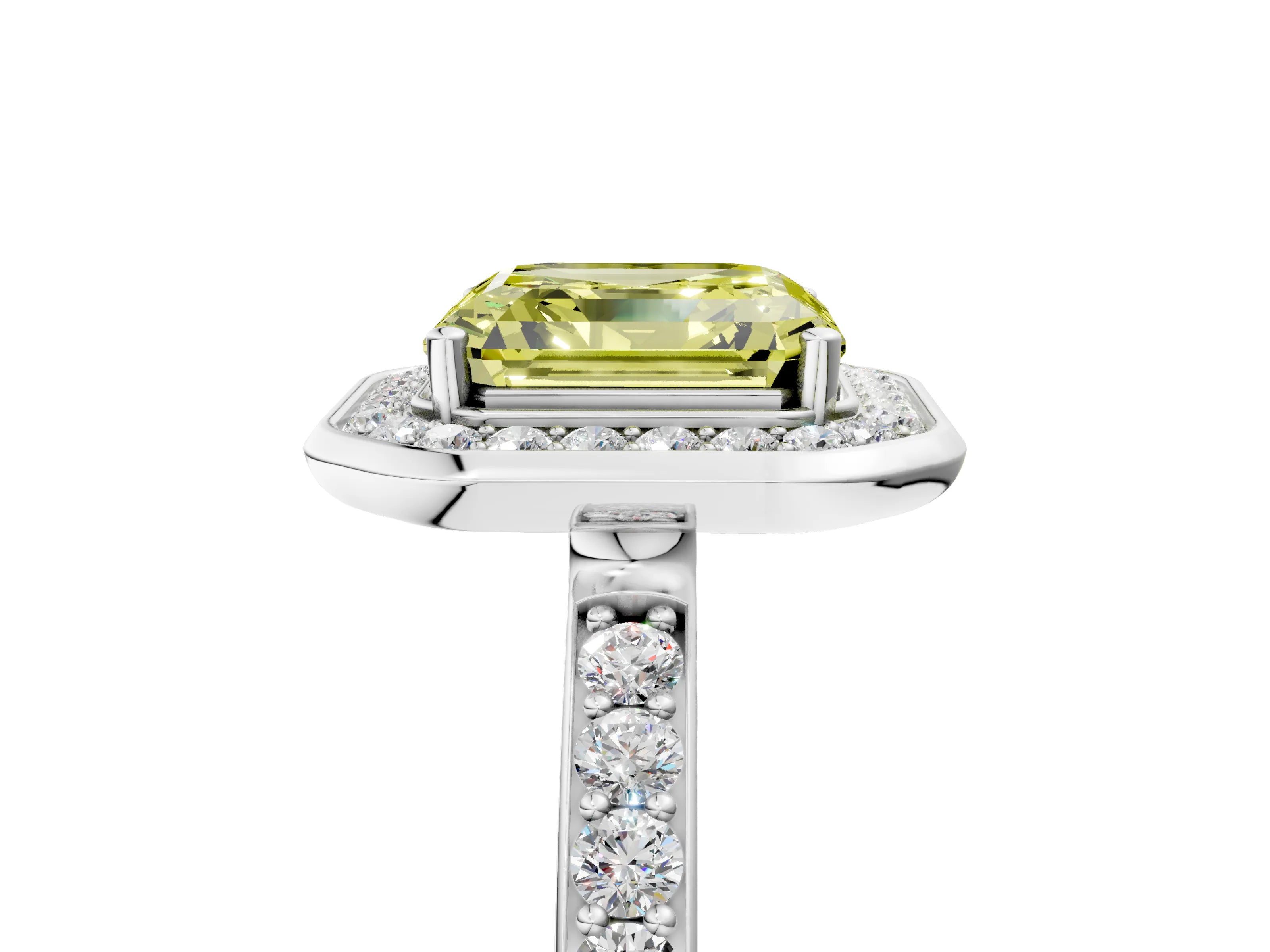 White gold Fancy Yellow Asscher Cut Diamond Halo Ring with Bezel Frame and Pavé Band_5