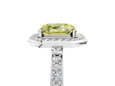 White gold Fancy Yellow Asscher Cut Diamond Halo Ring with Bezel Frame and Pavé Band_5