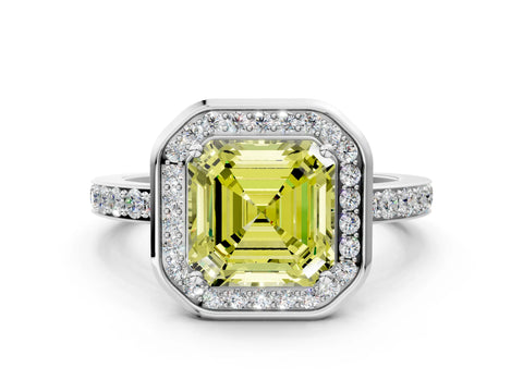 White gold Fancy Yellow Asscher Cut Diamond Halo Ring with Bezel Frame and Pavé Band