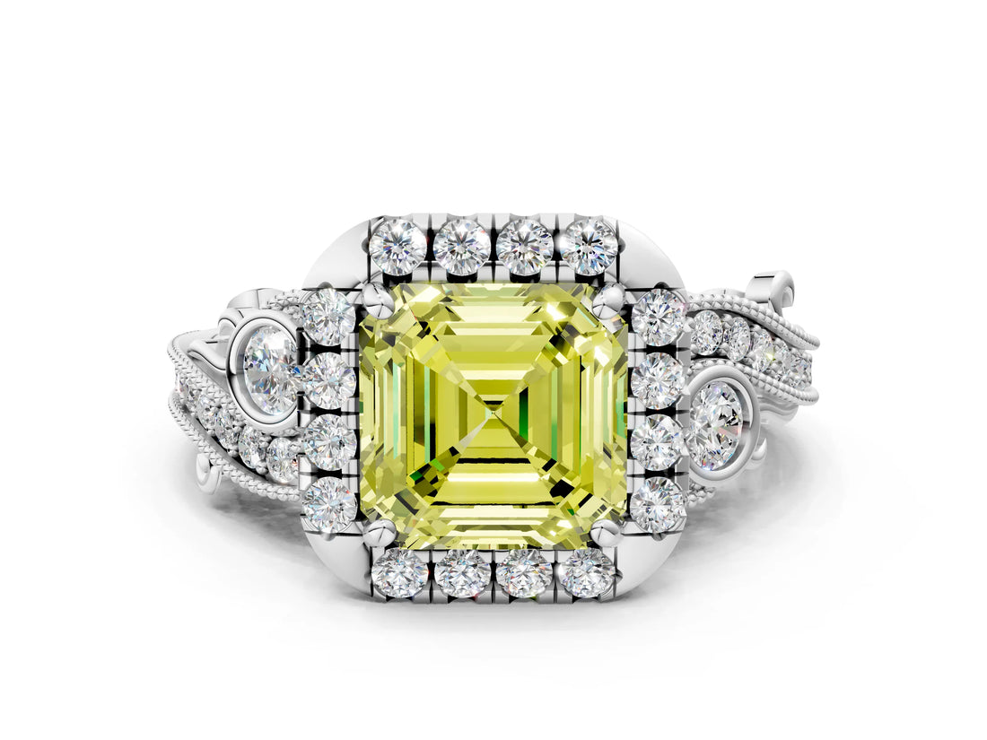 White gold Fancy Yellow Asscher Cut Diamond Halo Ring with Milgrain Pavé Band and Four-Prong Setting_149