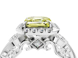 White gold Fancy Yellow Asscher Cut Diamond Halo Ring with Milgrain Pavé Band and Four-Prong Setting_152