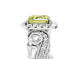 White gold Fancy Yellow Asscher Cut Diamond Halo Ring with Milgrain Pavé Band and Four-Prong Setting_156