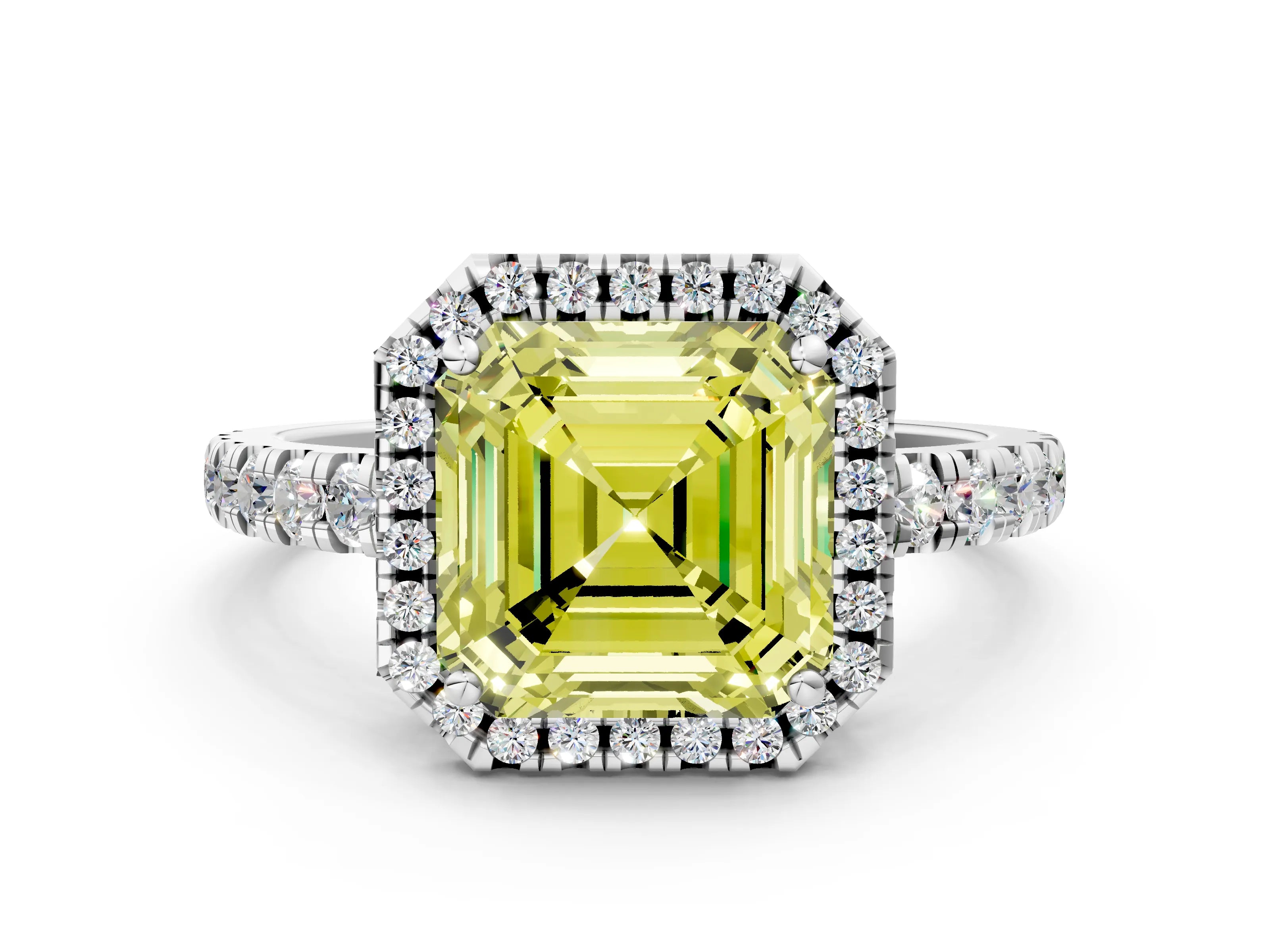 White gold Fancy Yellow Asscher Cut Diamond Halo Ring with Pavé Band and Four-Prong Setting_12