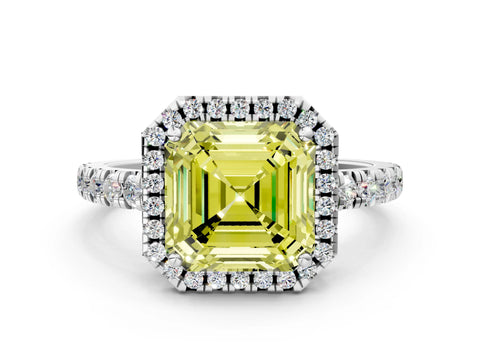White gold Fancy Yellow Asscher Cut Diamond Halo Ring with Pavé Band and Four-Prong Setting_12