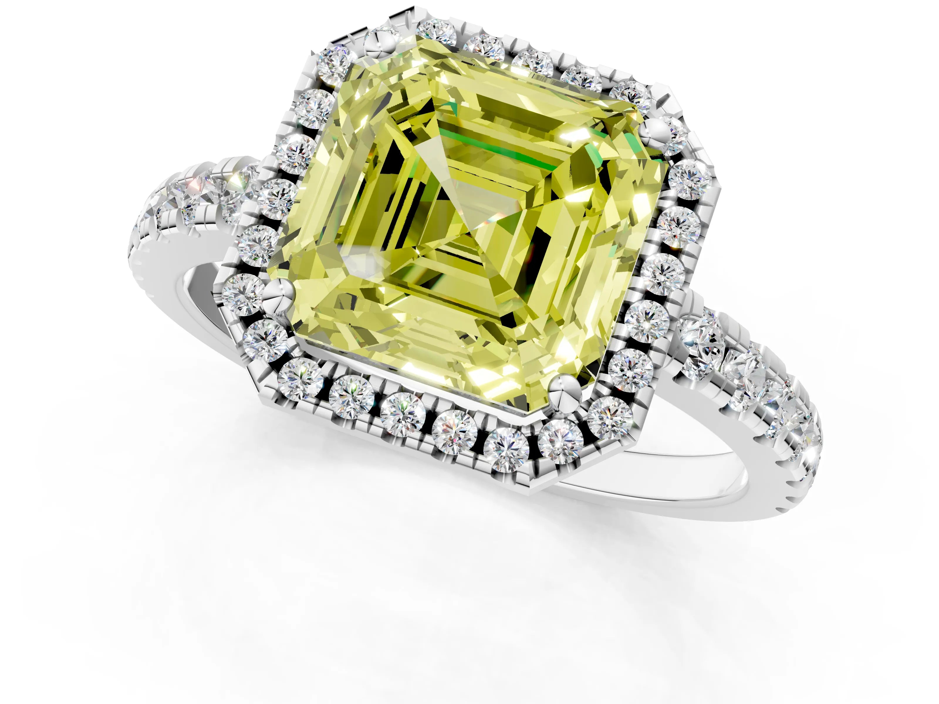 White gold Fancy Yellow Asscher Cut Diamond Halo Ring with Pavé Band and Four-Prong Setting_13