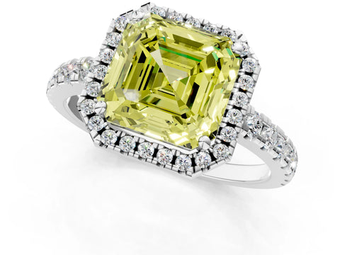 White gold Fancy Yellow Asscher Cut Diamond Halo Ring with Pavé Band and Four-Prong Setting_13