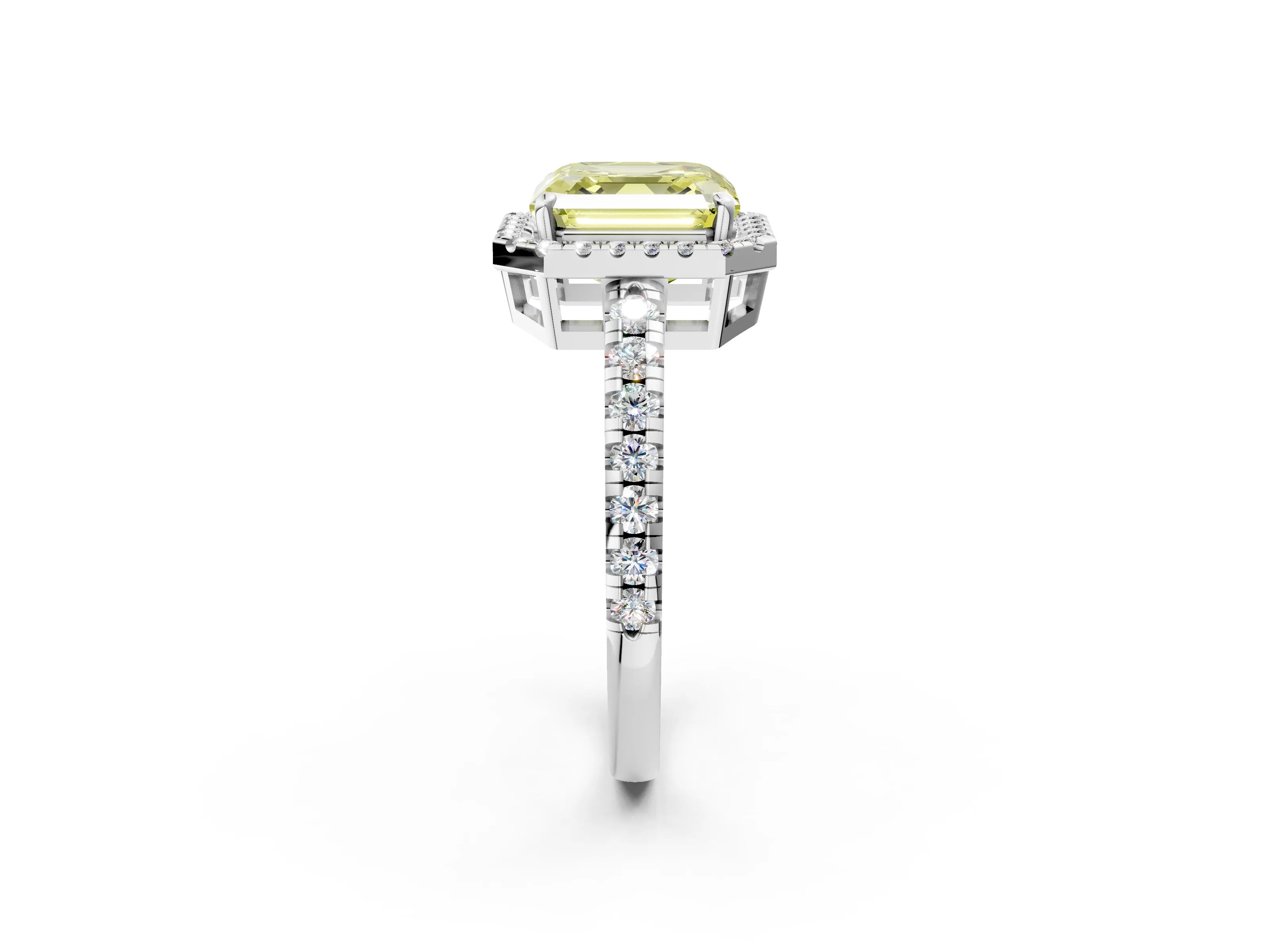 White gold Fancy Yellow Asscher Cut Diamond Halo Ring with Pavé Band and Four-Prong Setting_14
