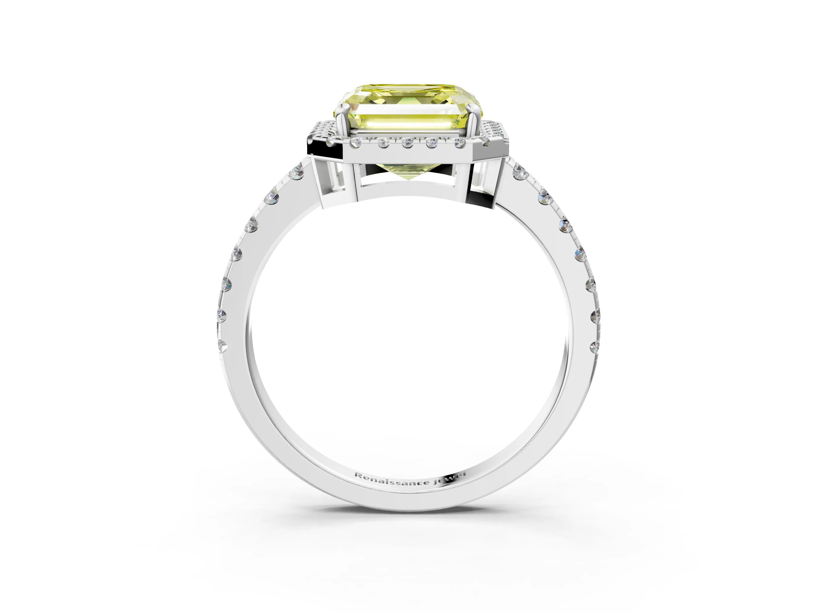 White gold Fancy Yellow Asscher Cut Diamond Halo Ring with Pavé Band and Four-Prong Setting_15
