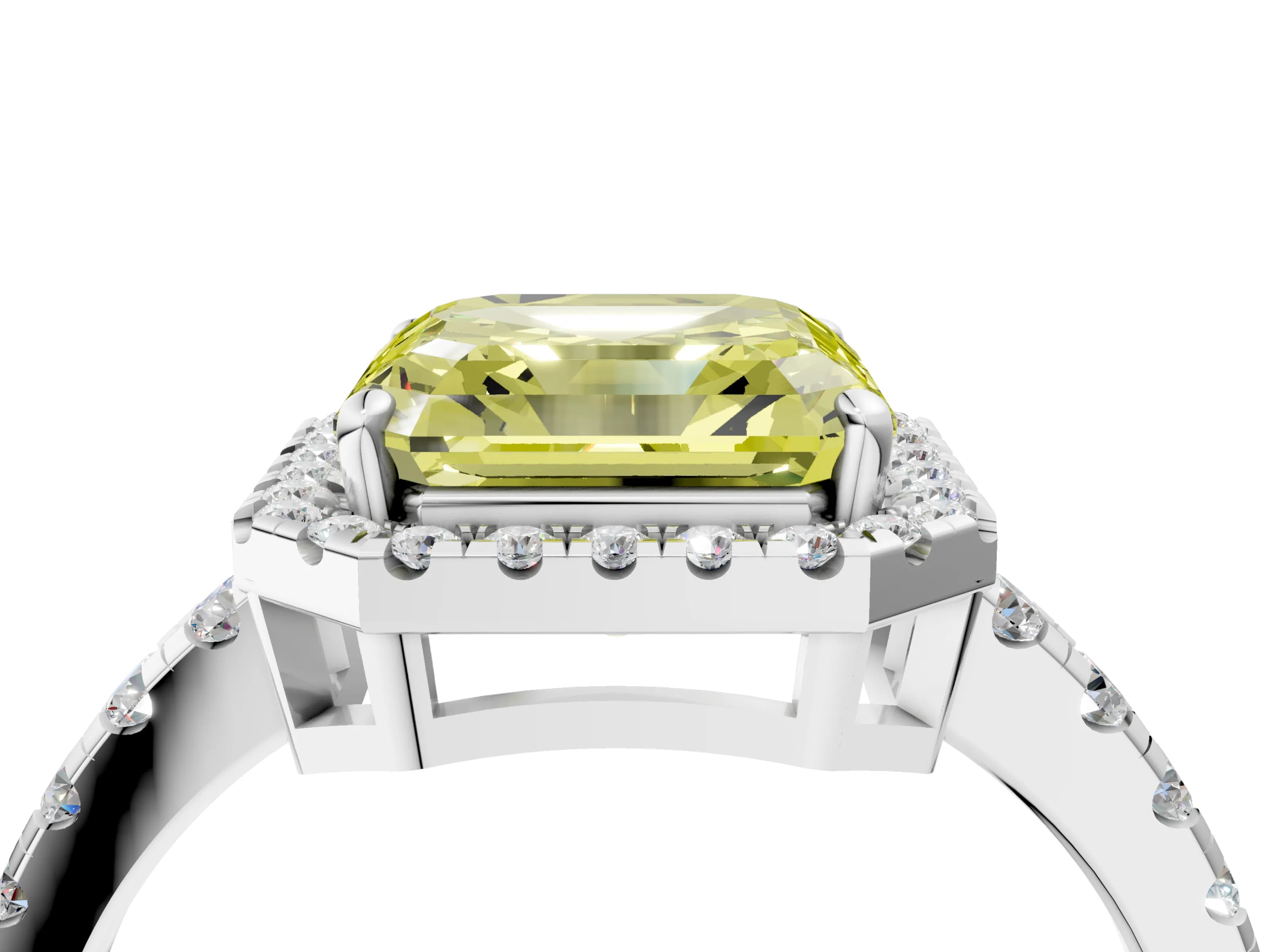 White gold Fancy Yellow Asscher Cut Diamond Halo Ring with Pavé Band and Four-Prong Setting_16