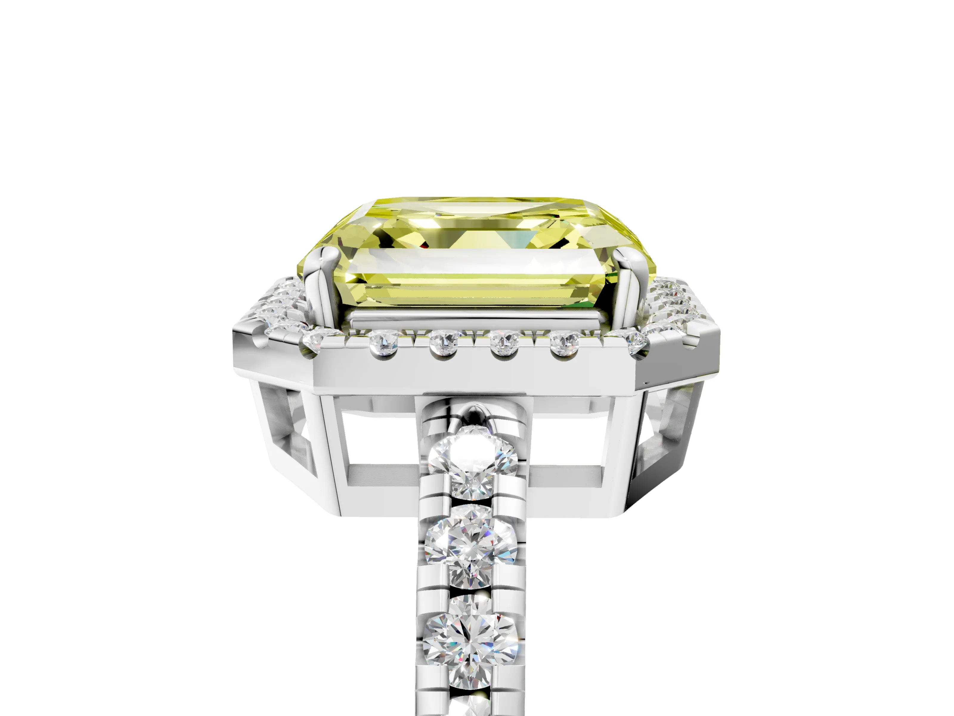 White gold Fancy Yellow Asscher Cut Diamond Halo Ring with Pavé Band and Four-Prong Setting_17