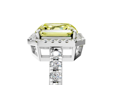 White gold Fancy Yellow Asscher Cut Diamond Halo Ring with Pavé Band and Four-Prong Setting_17