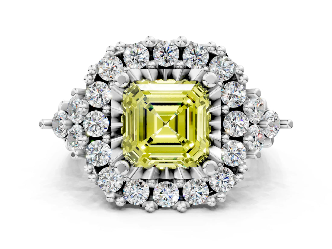 White gold Fancy Yellow Asscher Cut Diamond Halo Ring with Pavé Band and Four-Prong Setting_47