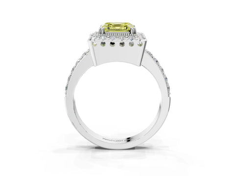 White gold Fancy Yellow Asscher Cut Diamond Halo Ring with Pavé Band and Prong Setting_11