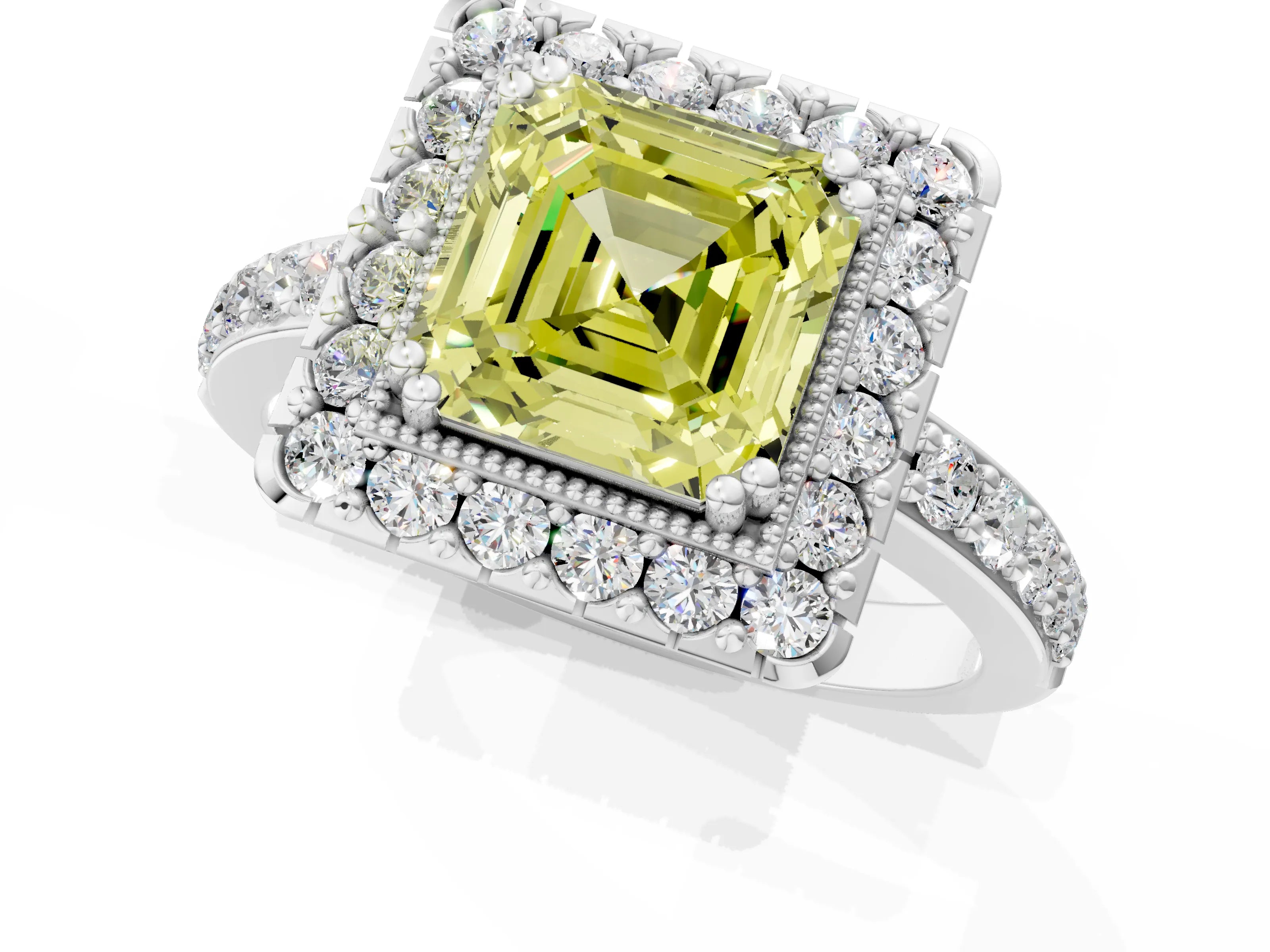 White gold Fancy Yellow Asscher Cut Diamond Halo Ring with Pavé Band and Prong Setting_13