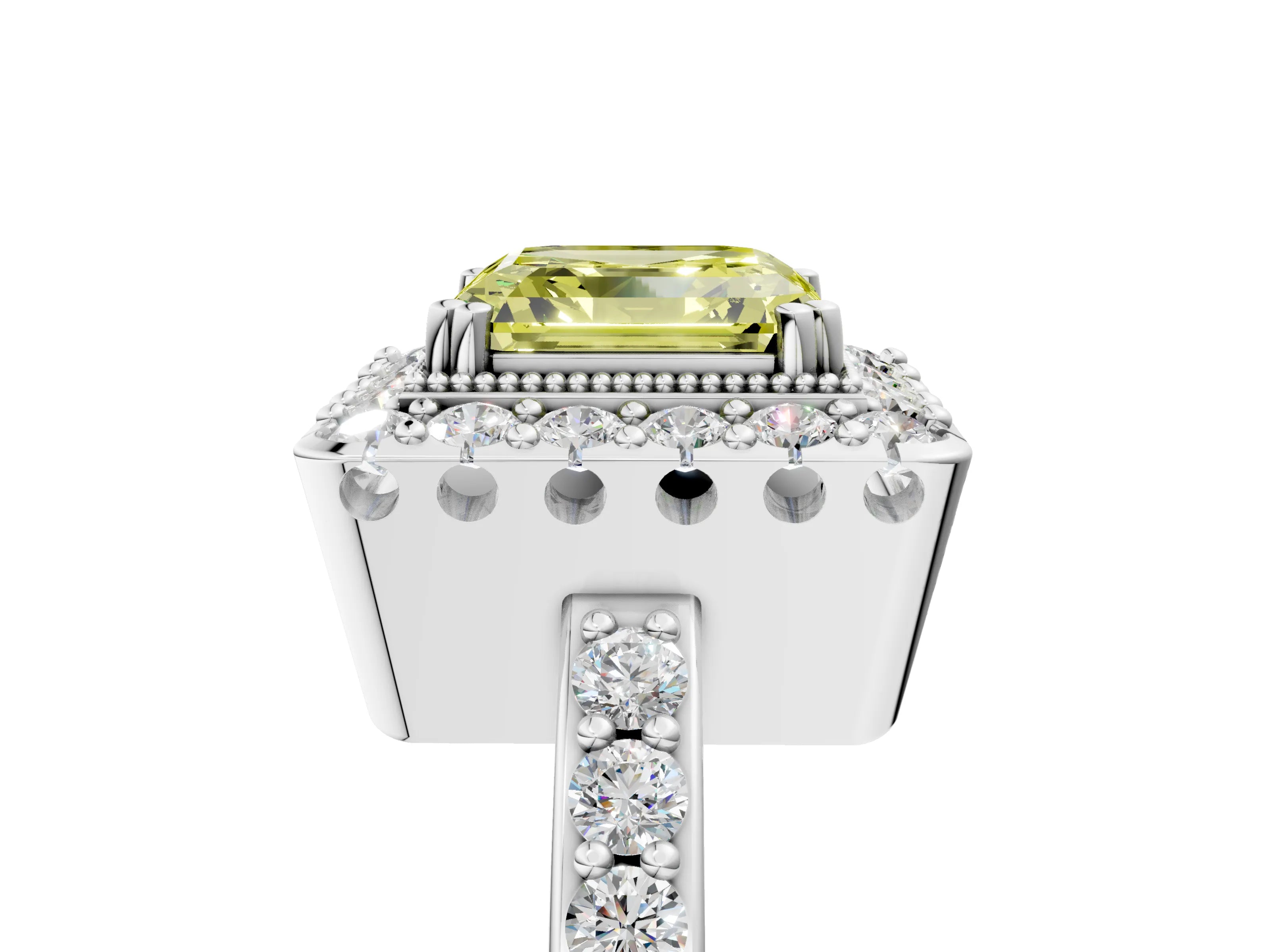 White gold Fancy Yellow Asscher Cut Diamond Halo Ring with Pavé Band and Prong Setting_13