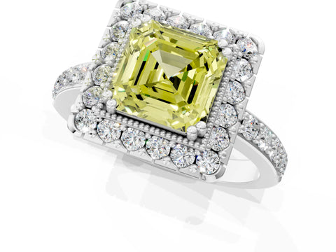 White gold Fancy Yellow Asscher Cut Diamond Halo Ring with Pavé Band and Prong Setting_13