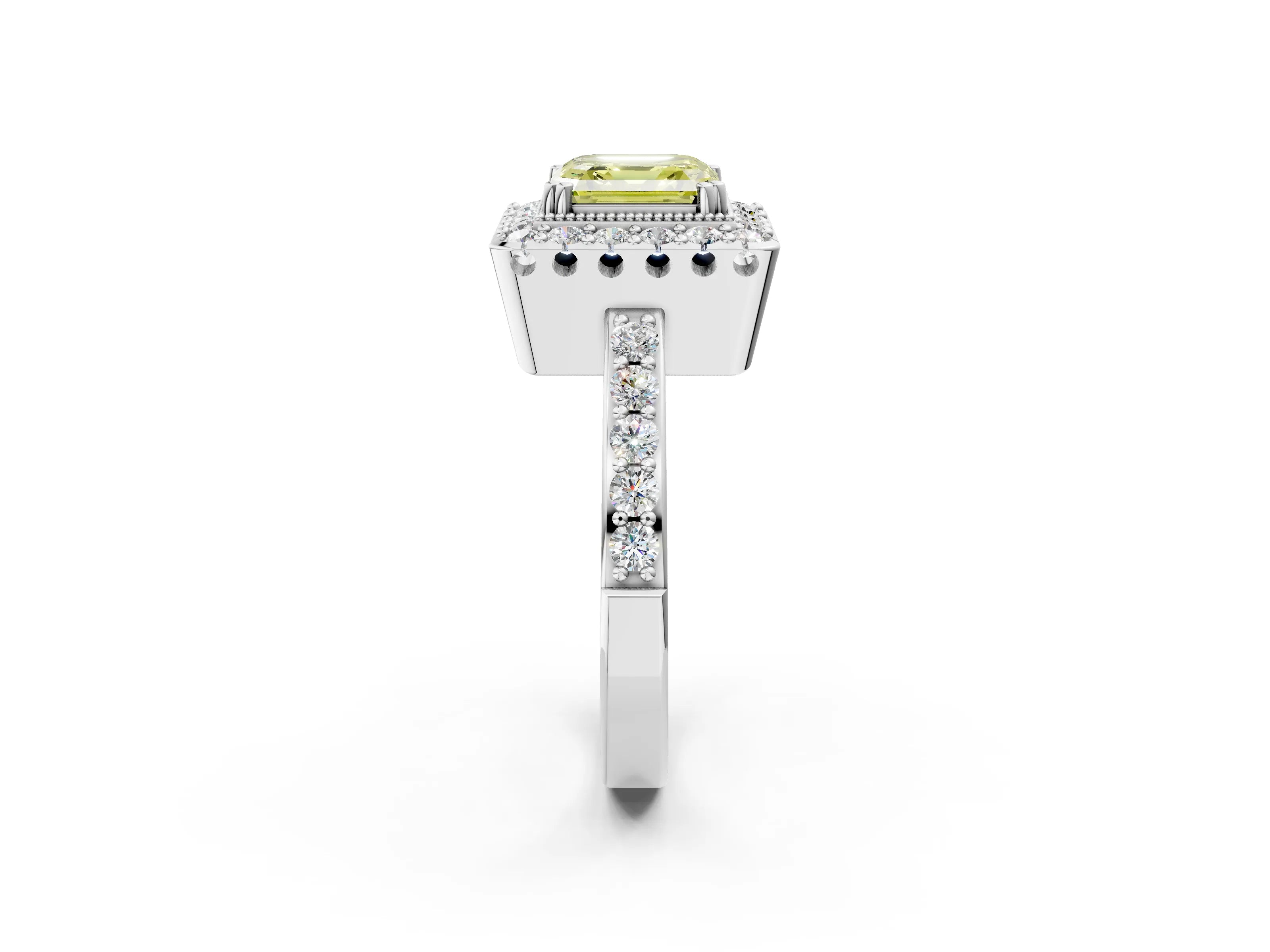 White gold Fancy Yellow Asscher Cut Diamond Halo Ring with Pavé Band and Prong Setting_14