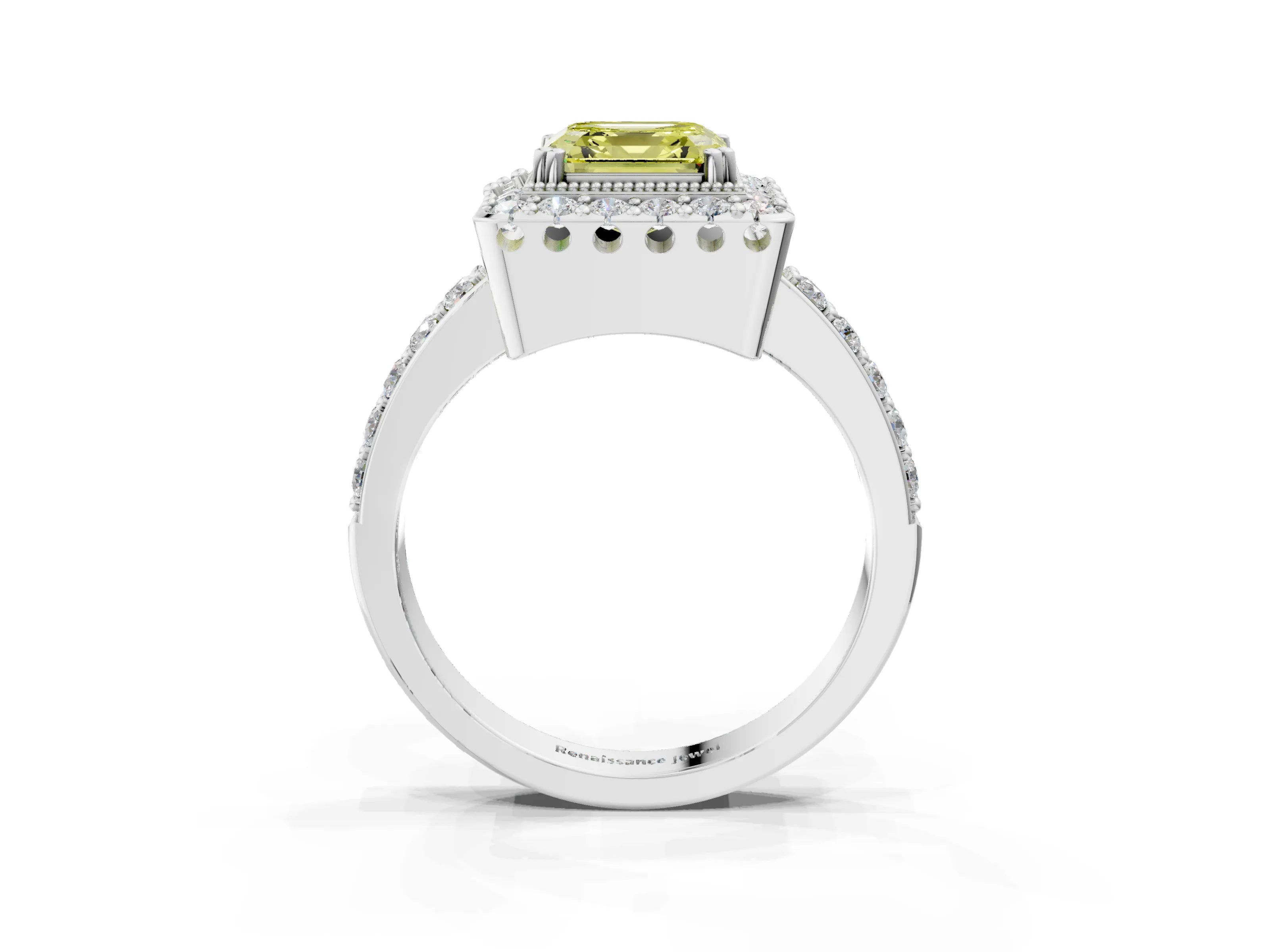 White gold Fancy Yellow Asscher Cut Diamond Halo Ring with Pavé Band and Prong Setting_15