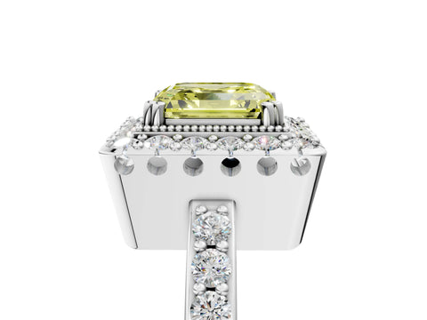 White gold Fancy Yellow Asscher Cut Diamond Halo Ring with Pavé Band and Prong Setting_17