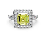White gold Fancy Yellow Asscher Cut Diamond Halo Ring with Pavé Band and Prong Setting_18