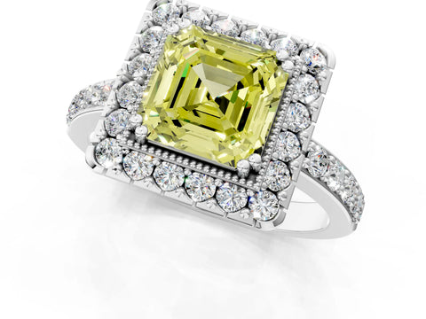 White gold Fancy Yellow Asscher Cut Diamond Halo Ring with Pavé Band and Prong Setting_1