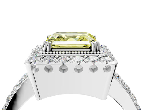 White gold Fancy Yellow Asscher Cut Diamond Halo Ring with Pavé Band and Prong Setting_22