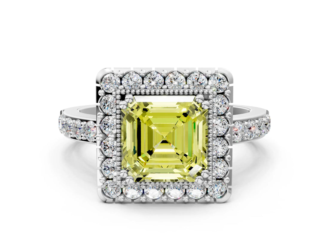 White gold Fancy Yellow Asscher Cut Diamond Halo Ring with Pavé Band and Prong Setting_24