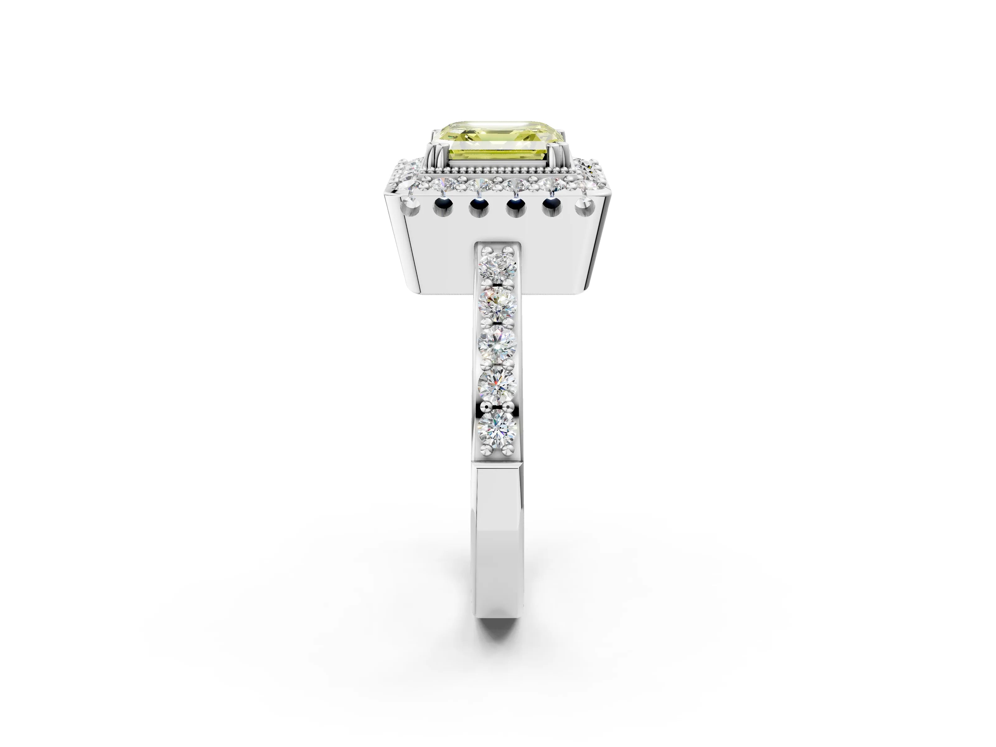 White gold Fancy Yellow Asscher Cut Diamond Halo Ring with Pavé Band and Prong Setting_26